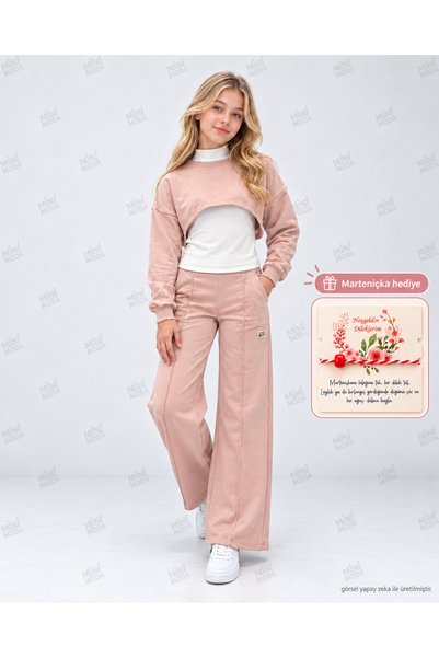 Minimoda Kids طقم سويت شيرت بوليرو وبنطلون واسع الساق للفتيات