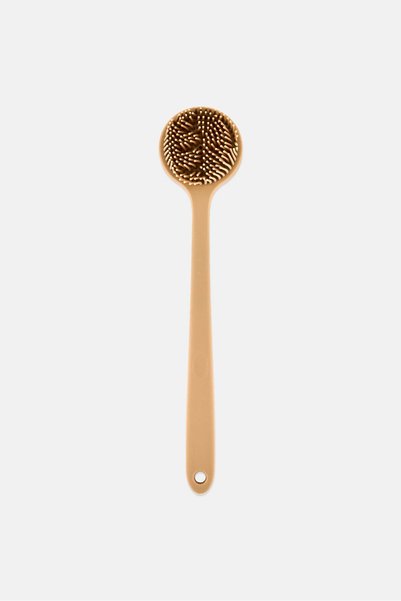 Purify Silicone Body Scrubber For Shower With Long Handle, Tan