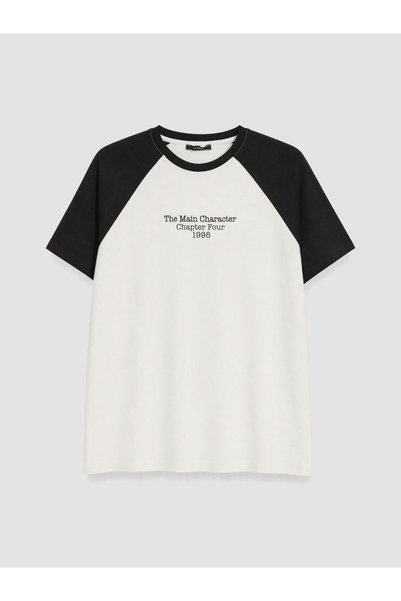 LC Waikiki White Combed Cotton Color Block Standard & Regular Short Sleeve Me...