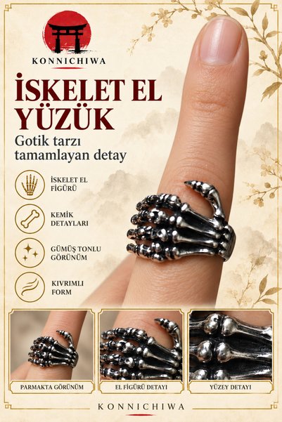 FG KONNİCHİWA Silver Color Gotic Ring with Skeleton Hand and Gothic Coffin Fi...