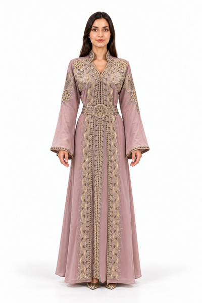 MOHAMED ZAHABI Women's Long Caftan with Shiny Stones and Embroidery Work