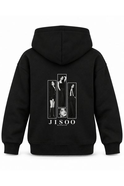 SVART WEAR هودي أسود للأطفال مطبوع عليه عمود الدرج من BLACKPINK JISOO
