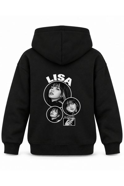 SVART WEAR هودي أسود للأطفال من BLACKPINK LISA بطباعة ثلاثية دائرية