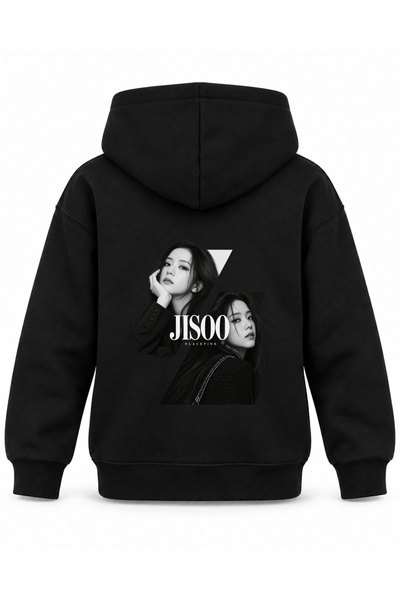 SVART WEAR هودي أسود للأطفال مطبوع عليه BLACKPINK JISOO Cross Cuts