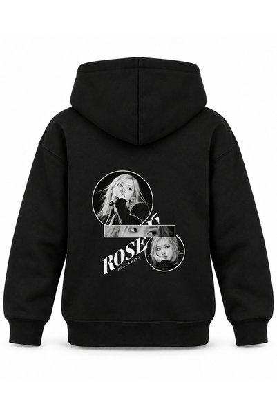 SVART WEAR هودي أسود للأطفال مطبوع عليه BLACKPINK ROSÉ بشكل دائري مزدوج