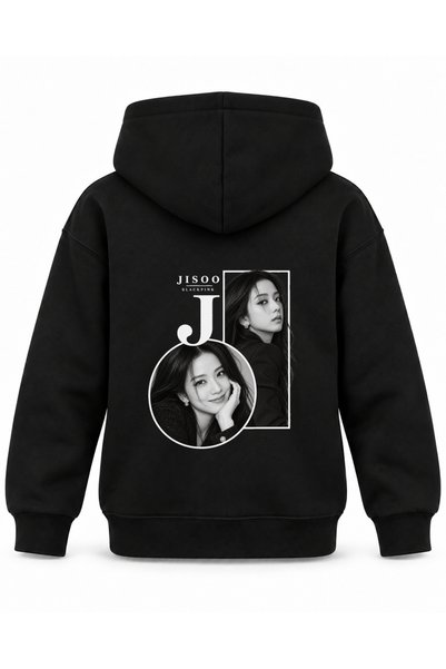 SVART WEAR هودي أسود للأطفال مطبوع عليه دائرة مربعة من BLACKPINK JISOO