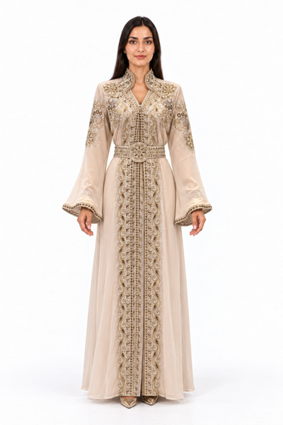 MOHAMED ZAHABI Women's Long Caftan with Shiny Stones and Embroidery Work