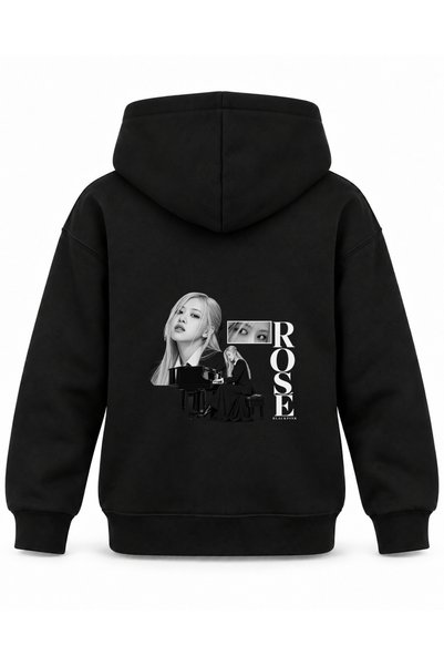 SVART WEAR هودي أسود للأطفال مطبوع عليه صورة بيانو من BLACKPINK ROSÉ