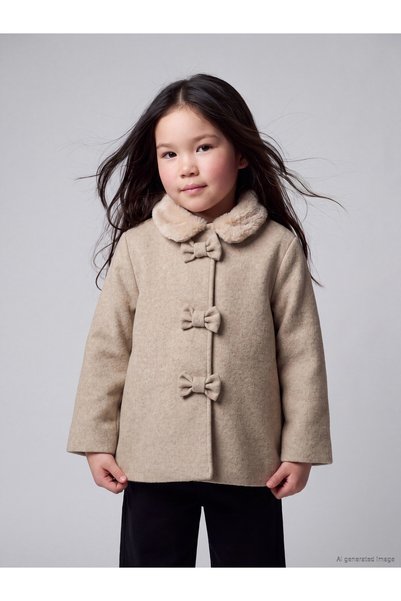 LC Waikiki Peak New Season Beige Fur-Lined Baby Collar Girls' Cashmere Coat