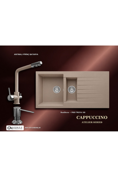 GÜNEY ANKASTRE RealStone Cappuccino Atelier Evye Batarya Seti - Troya 100 P005 100x50 cm + Arıtmalı Pirinç Batarya + Inox Sıvı Sabunluk