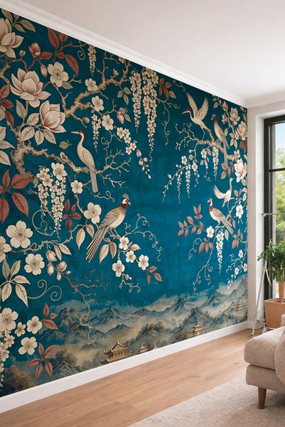 dreamwall Kuşlar, Çiçekli Dalları ve Uzak Doğu Manzaralı Lüks Tek Parça Tekst...
