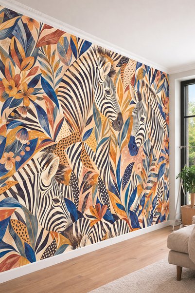 dreamwall Mavi ve Taba Yapraklar Arasında Stilize Zebra Motifli Egzotik Lüks ...
