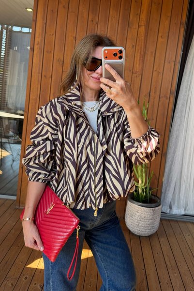 Aurélie Zebra Desenli Dik Yaka Bomber Rüzgarlık Ceket