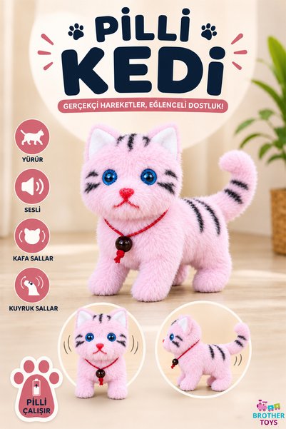 Brother Toys Yürüyen Miyavlayan Sevimli Peluş Pilli Oyuncak Kedi 20 Cm.