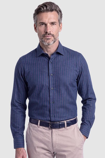 Bisse Navy Blue Pinstripe Long Sleeve Classic Collar Shirt
