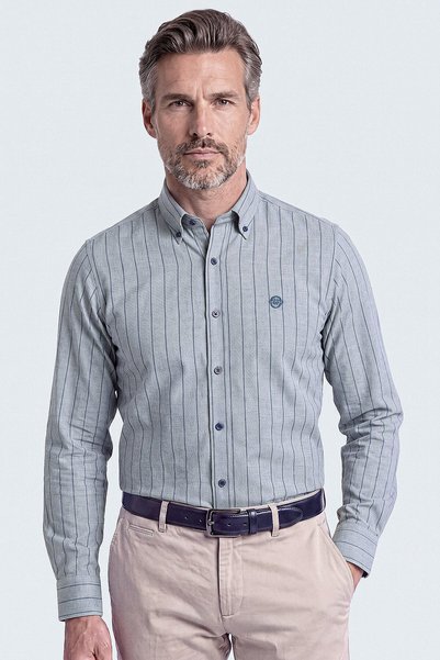 Bisse Gray Pinstripe Button-Down Collar Long Sleeve Men's Shirt