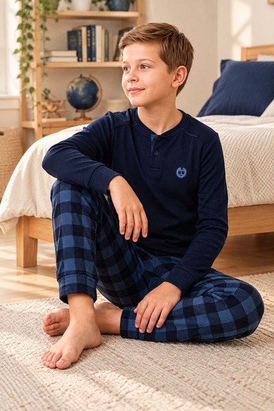 gültekin bebe Tarık İnterlok Kumaş Kareli Gez Boy Erkek Pijama Takım 11-16 Ya...