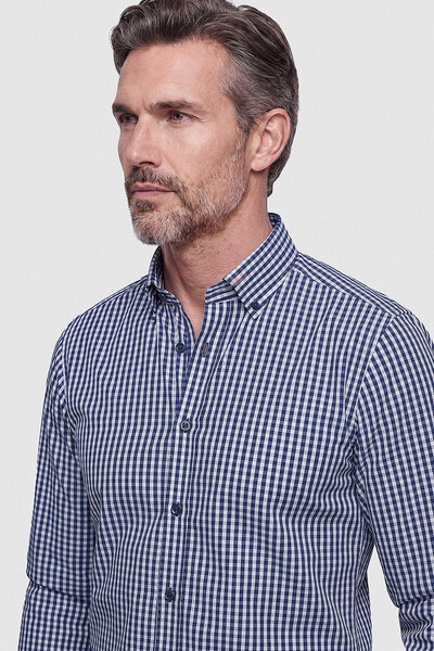 Bisse Navy Blue Checkered Button-Down Collar Long Sleeve Men's Shirt