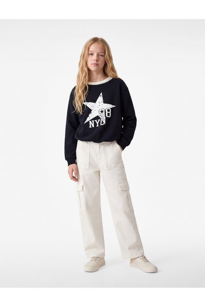 Koton Pamuklu Kayık Yaka Uzun Kollu Yıldız Baskılı Sweatshirt