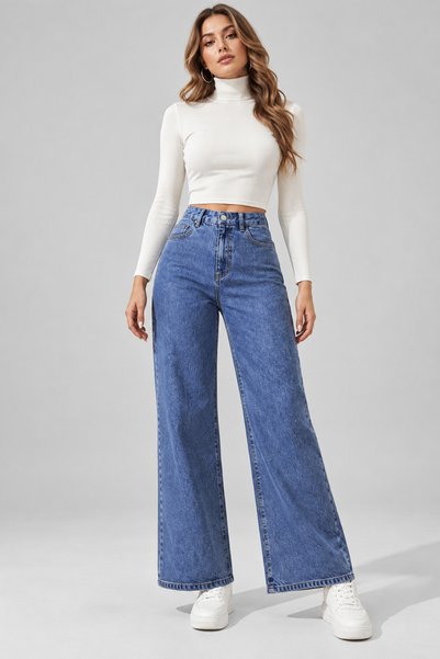 OnPelin jeans MAVİ YÜKSEK BİLEK BOY BOL PAÇA JEANS
