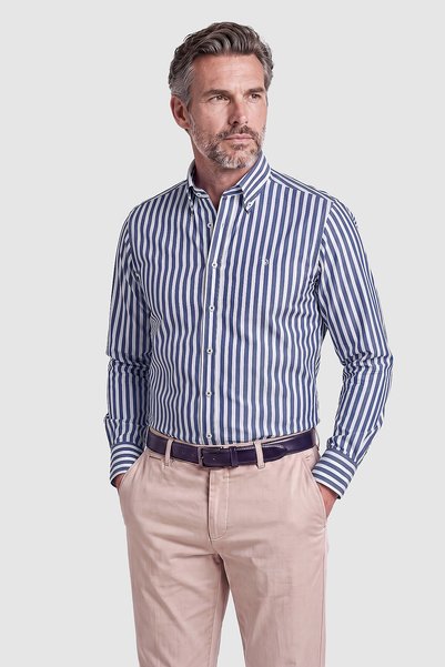 Bisse Navy Blue Striped Button-Down Collar Long Sleeve Men's Shirt