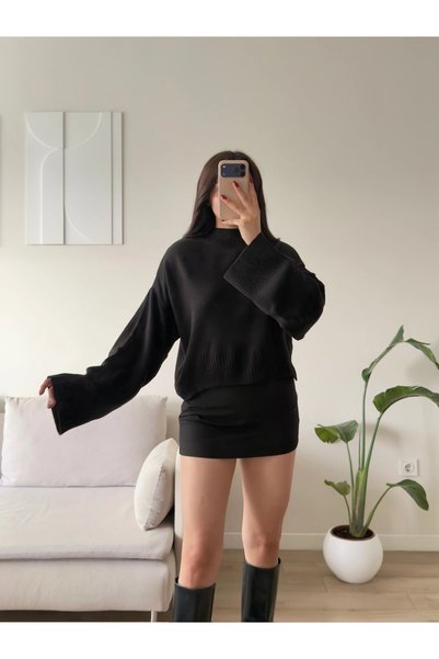 Zoom Butik Dik Yaka Oversize Triko Kazak - SİYAH