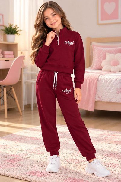 SERPİL Girl's Angel Printed Burgundy Zippered Sweatshirt and Jogger Sweatpant...