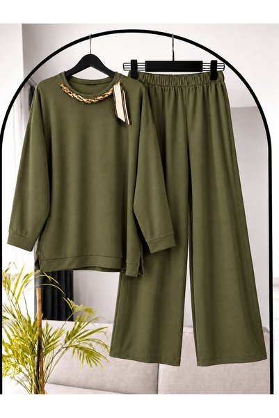 Hepsi Moda Chain Scarf Detailed Trouser Suit - 2485 - Khaki (Ös)
