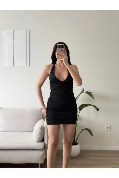 Zoom Butik Boyun Bağlamalı Büzgü Elbise - SİYAH