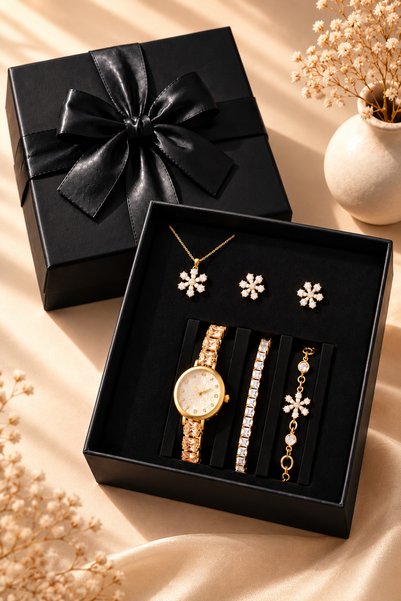 Arzu Butik Women's Gold Color Snowflake Necklace Earrings Watch and Bracelet ...