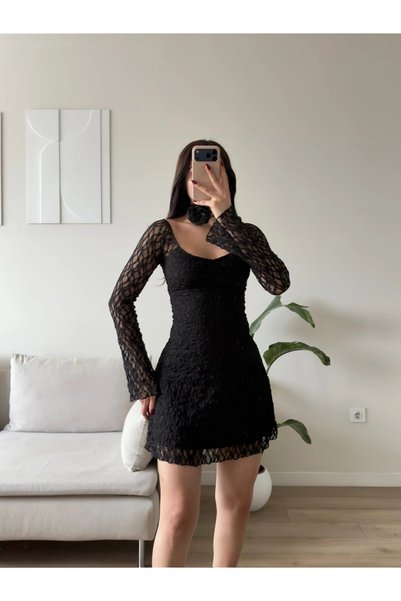Zoom Butik Madonna Yaka Dantel Astarlı Elbise - SİYAH