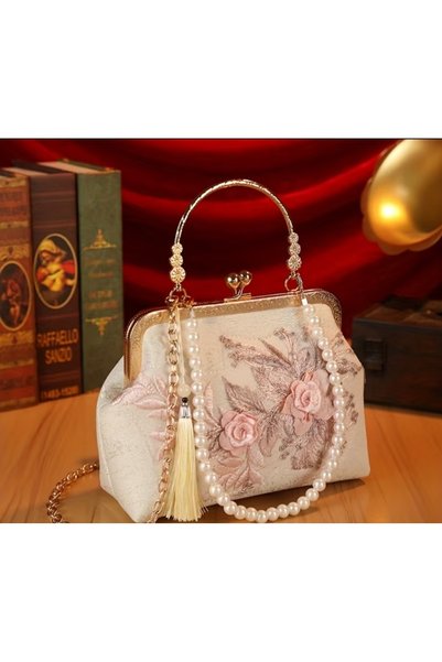 RM Geantă elegantă de damă crem, cu flori brodate, perle decorative și mâner ...