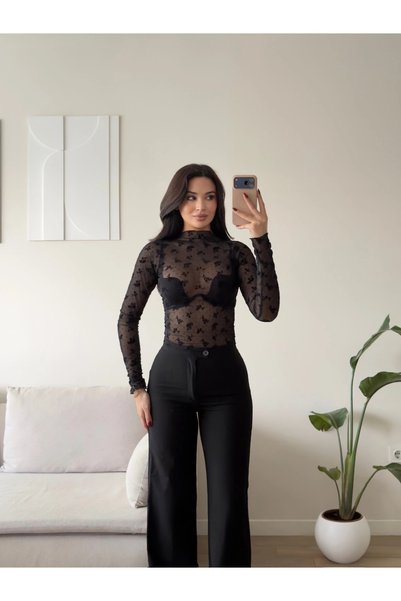 Zoom Butik Floral Desen Tül Bluz - SİYAH