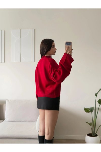 Zoom Butik Dik Yaka Oversize Triko Kazak - KIRMIZI