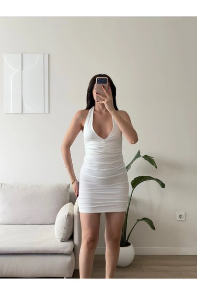 Zoom Butik Boyun Bağlamalı Büzgü Elbise - BEYAZ