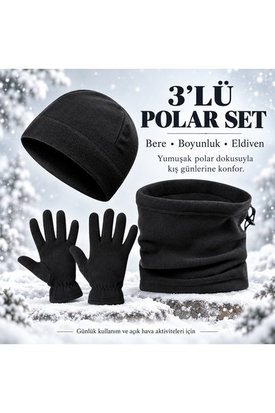 moda nokta Unisex Black Thermal Winter Quality Fleece Gloves-Beanie-Neck Coll...