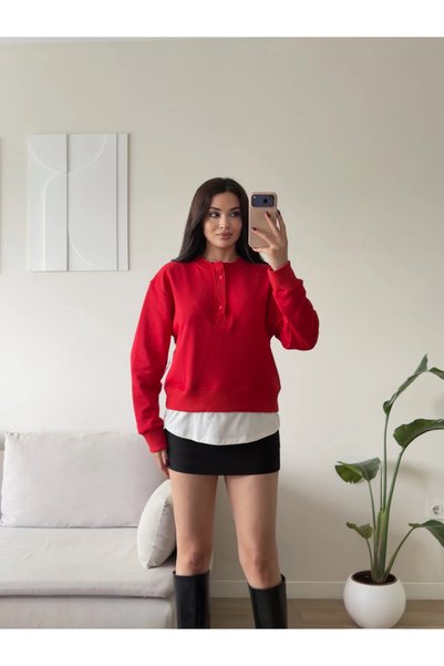 Zoom Butik Çıtçıt Yaka Gömlek Elbise - KIRMIZI