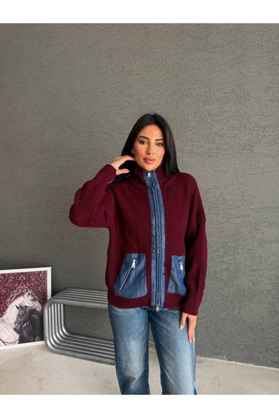ÇEÇİM Women's Denim Decorated Double Zipper Oversize Knitwear Cardigan