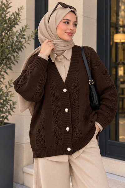 EBRUTESETTÜR Knitted Patterned Buttoned Knitwear Cardigan Brown