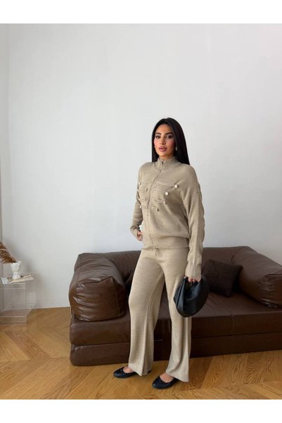 ÇEÇİM Women's Double Zipper Cardigan and Loose Pants Bottom Top Knitwear Set