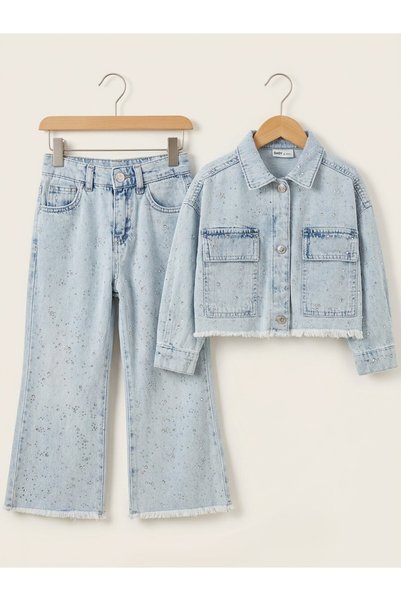 ECE ÇINAR KIDS Kız Çocuk Taş İşlemeli Açık Mavi Denim Ceket Pantolon Takım