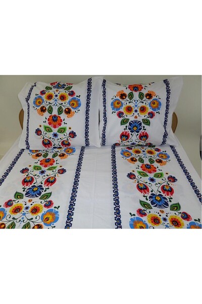 Karo Set de lenjerie de pat din pânză groasă 200x220 Łowicka, alb-albastru, m...
