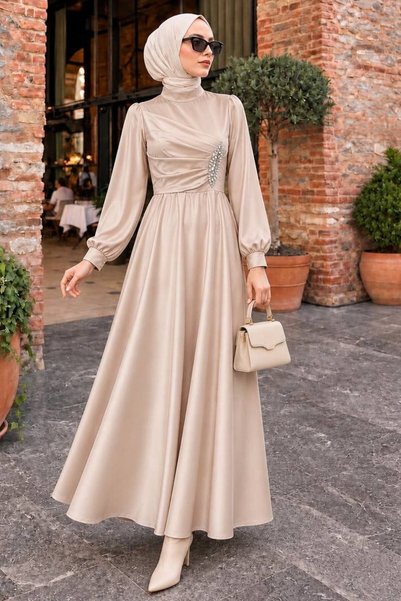 N.S NEVA STYLE Drape Detailed Beige Hijab Satin Evening Dress 6261Bej