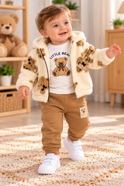SERPİL Baby Boy Teddy Bear Patterned Plush Zippered Hooded Coat White Printed...