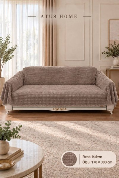 ATUSHOME 170x300 Kaymaz Tabanlı Premium Peluş Koltuk Örtüsü Şerit Desen Yumuş...
