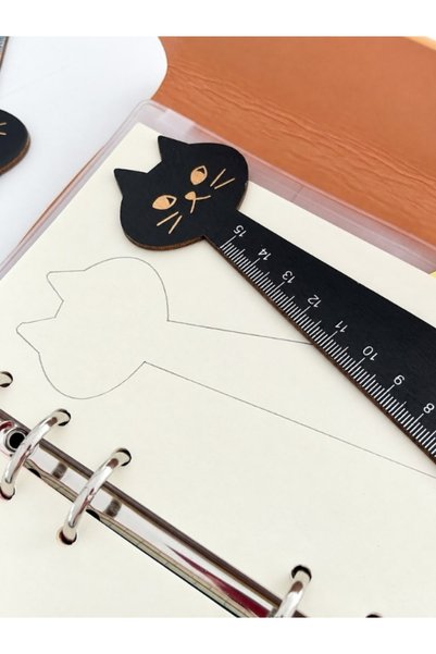 Kağıt Gemi Dükkan Siyah Kedi Figürlü 15 cm Ahşap Cetvel/ Tahta Cetvel / Kitap Ayracı