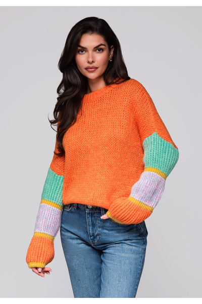 OMBRE Damen-Rundhalspullover, Relaxed Fit, Farbblock-Strick, Orange LW-SWSW-0107
