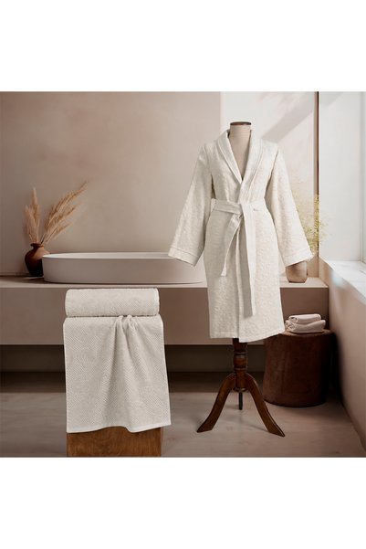 ALTINBAŞAK TEKSTİL Foresto 100% Cotton Bathrobe Set of 3 Ecru M-L