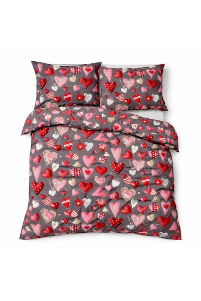 Karo Lenjerie de pat din scoarta 200x220 gri rosu inchis inimioare Valentine'...