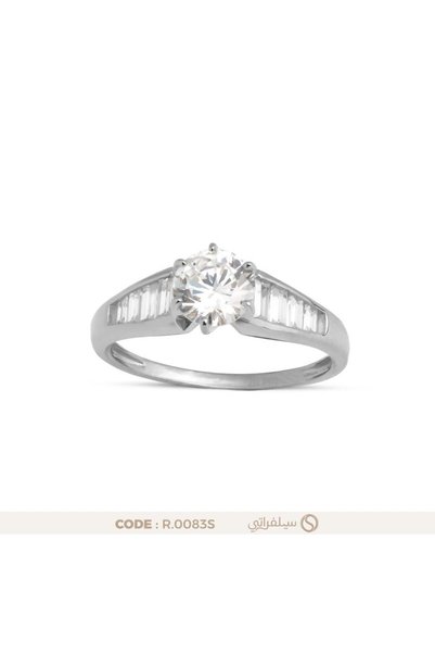 silveraty خاتم سوليتير فضة عيار 925 بفص زركون مركزي وباجيت جانبي مطلي روديوم